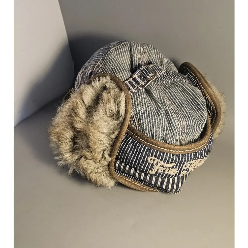 True Religion Fur Trapper Hat Navy Striped with Brown Leather Sz L/XL Adjustable